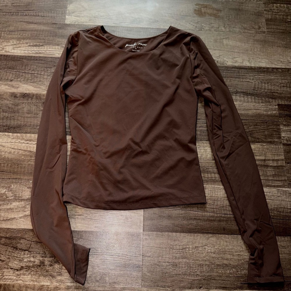 Pink Rose Silky Knit Long Sleeve Top XS Brown Crew Neck Stretch Base Layer